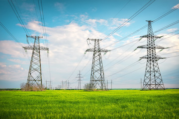 High voltage lines and power pylons in a flat and green agricultural landscape on a sunny day with...