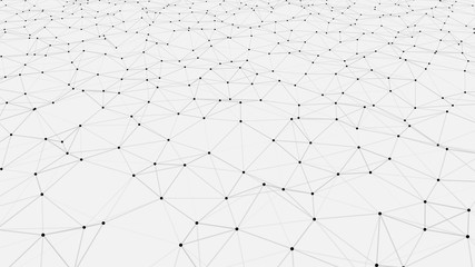 Vector perspective grid. Network of bright connected dots and lines. Abstract dynamic wave of many points. Detailed lines forming an abstract background