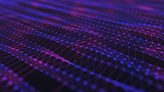 Network of bright connected dots and lines. Abstract dynamic wave of many points. Digital background. 3D rendering. © Columbus
