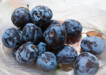 Autumn harvest fruits. On the table in a white box are blue plums. Near the little yellow leaf....