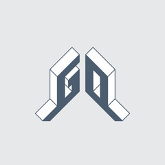 GO! - Isometric 3d font for design. Three-dimension letters. G and O - Monogram or logotype.
