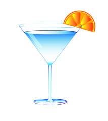 vector illustration of blue cocktail in martini glass with orange slice isolated on white background