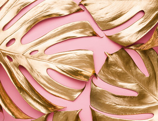 Closeup view of natural gold painted monstera tropical leaves pattern on pastel pink background