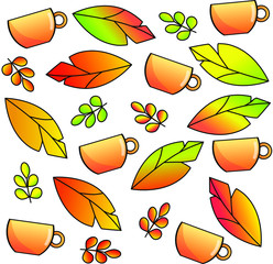 vector autumn leaves and tea cups pattern isolated on white background