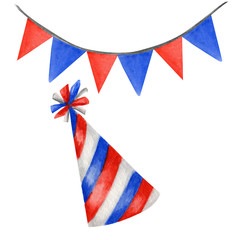 Fototapeta premium String garland of American flag set. Hand drawn watercolor illustration on white background. Isolated hanging party decoration for 4th of july patriotic design of navy blue, bright red color.