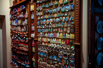 Tallinn,  Estonia - October 22, 2013: Tallinn tourist magnets for refrigerator refrigerator. Souvenir shop in the old town in Tallinn. A large number of different magnets