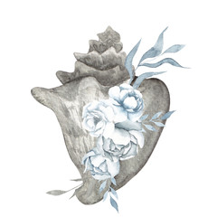 Marine illustration with sea shell and flowers, isolated on white background