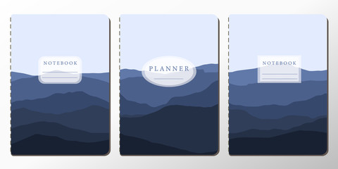 
Three cover page templates. Universal abstract layouts. Dark blue mountain background. Applicable for notebooks, planners, brochures, books, catalogs and other.  Vector illustration.