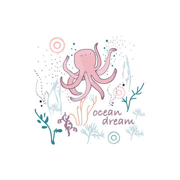 octopus moss text line color ocean tee illustration art vector