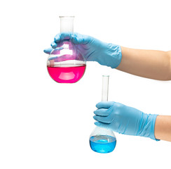 Female hands in a blue rubber glove holds a flask of red blue medicine on white background isolate.