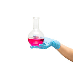 Female hand in a blue rubber glove holds a flask of red medicine on white background isolate.