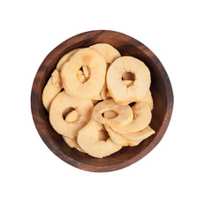 dried Apple in a brown wooden plate.