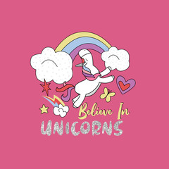 unicorn horse heart love rainbow cloud glitter text line girl tee illustration art vector