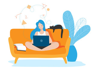 Vector illustration of woman sitting on sofa with laptop and working remotely from home. Concept of distance work and education. - 345421348