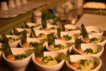 Multiple bowls of ramen noodles with nori, egg & greens. Fine dining, meals, restaurant food, stock photo., Asian cusine. 