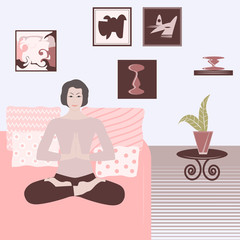 Woman is sitting on the bed in lotus position - vector. Mental health Stay at home. Quarantine. Home meditation. Interior.