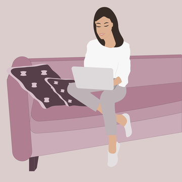 Woman sitting on a sofa with a laptop - vector. Mental health Stay at home. Quarantine. Work from home.