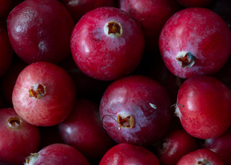 Macro photography of red ripe cranberries. Close-up view of the natural wild berry for colorful wallpaper, background or poster