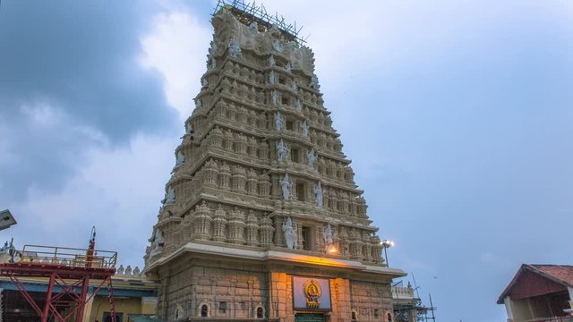 Timelapse of Hindu Temple Tower with dramatic clouds in the background. Chamundi Temple