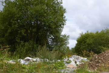 illegally dumped garbage on the background of green nature
