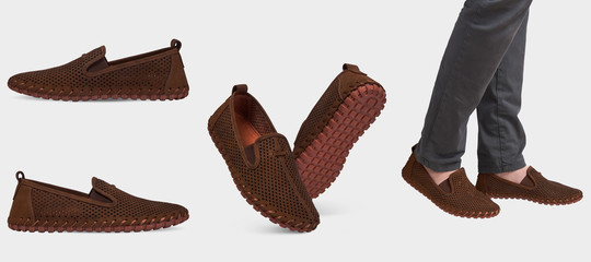 Men's brown leather suede summer loafers with perforation and rubber sole. Isolated on a white background.