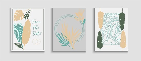 Abstract Asian Vector Flyers Set. Tie-Dye, Tropical Leaves Posters. 