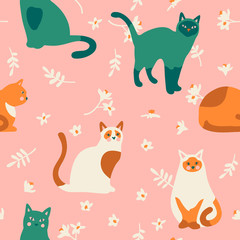 Fototapeta na wymiar Seamless pattern with cute kittens, leaves and flowers. Creative childish texture. Vector Illustration.