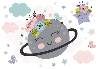 cute poster with beautiful planet, star and flowers
 -  vector illustration, eps

