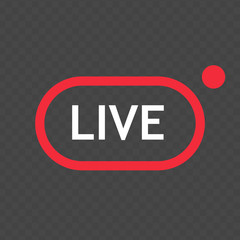 Live streaming flat logo - red vector design element with play button. Vector stock illustration.