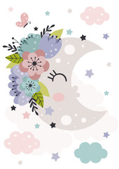 poster with beautiful moon and flowers
 -  vector illustration, eps