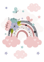 poster with beautiful rainbow and flowers
 -  vector illustration, eps