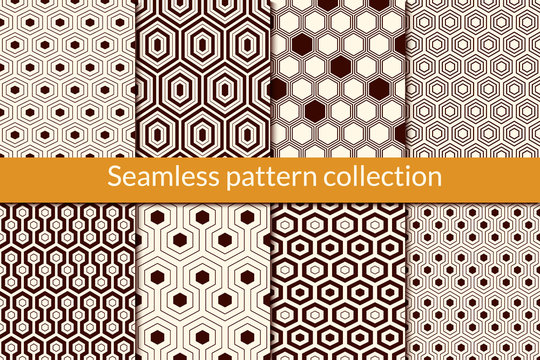 Honeycomb, hexagon seamless pattern collection. Geo design background set. Classic geometric mosaic tiles print kit