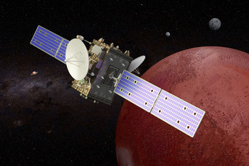 Space probe orbiting Mars, 3D rendering © alexlmx