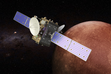 Space probe orbiting Mercury, 3D rendering © alexlmx