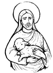 calm jesus with lamb in the background - illustration