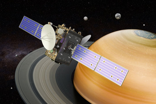 Space probe orbiting Saturn, 3D rendering