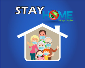 Poster concerning the measure "Stay at home" representing a family wearing a mask confined in their house on a blue background