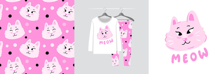 Seamless pattern and illustration set with pink kitten head, Meow text