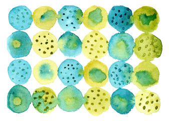 Bright textured turquoise blue and olive green watercolor loose circles background. Abstract geometric watercolour texture for banner, poster, wrapping paper, textile, surface design