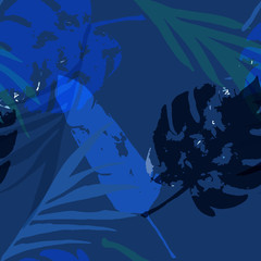 Palm, Banana Leaves Vector Seamless Pattern, Blue Pink Purple Indigo Floral Textile. 