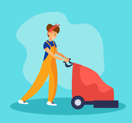 Girl cleaning service worker washing floor with scrubber machine