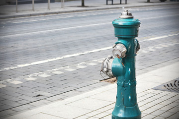 Green fire hydrant on paved street road