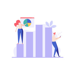 People analyze data on a chart. Business analysis. Concept of big data, analysis process, business strategy and financial research. Vector illustration in flat design for UI, banner, mobile app