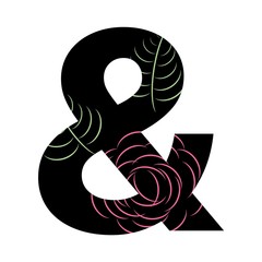 THICK BLACK SEPCIAL MARK WITH PINK ROSE FLOWER AND GREEN LEAF : & AMPERSAND