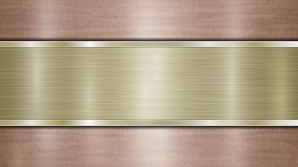 Background consisting of a bronze shiny metallic surface and one horizontal polished golden plate located centrally, with a metal texture, glares and burnished edges