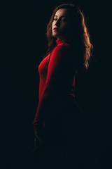 Glamor woman dark portrait, beautiful female looking to camera