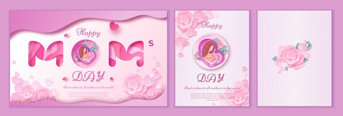 Mother's day origami paper art greeting card in trendy style with frame, patterns, flowers,  woman holding baby silhouette. Colorful carved vector illustration