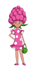 Fashion Girl in a fancy dress raspberry berries. Children love sweet berries. Character in cartoon style illustration