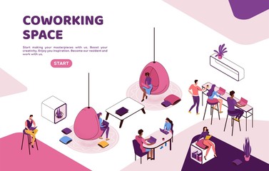 Freelancer working in office, people with laptop in coworking space at high tables, in hanging egg chair, sitting on sofa, modern interior design, graphic vector illustration - 345436318