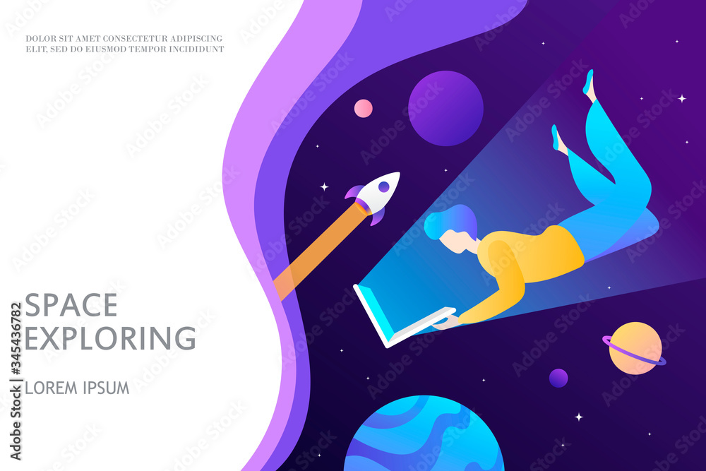 Wall mural man flies in space and looks into a laptop. remote work and new technologies. vector illustration. t
